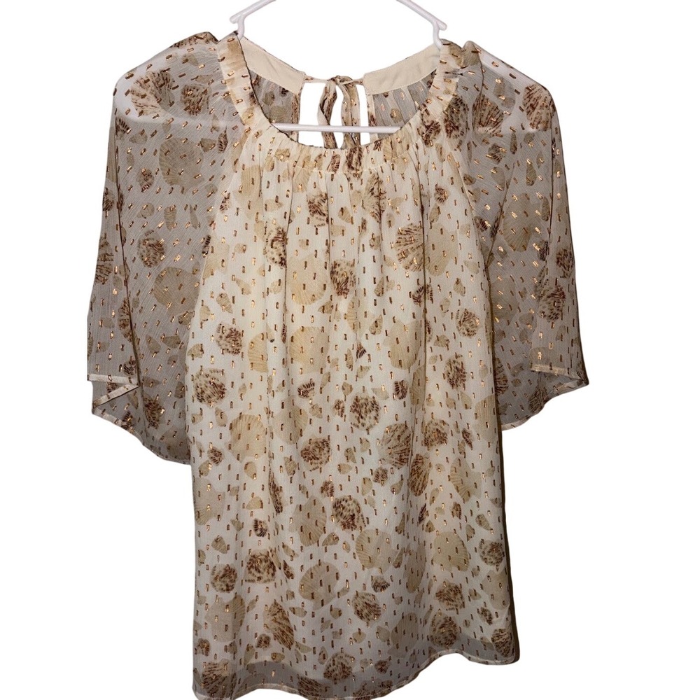 Loft Seashell‎ Shimmer Blouse Womens Large Ivory Gold Metallic Tie Back Flutter